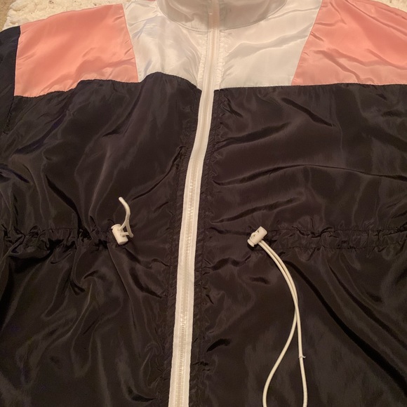 Women’s Black white pink zip up wind breaker jacket cinched waist L - Picture 2 of 2
